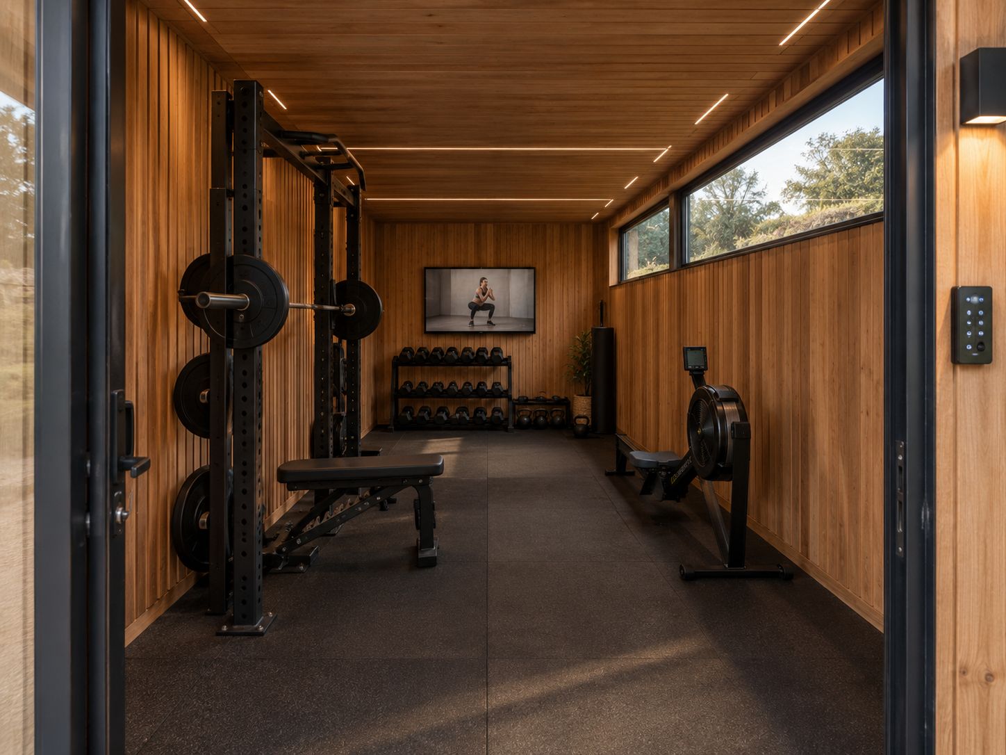 Concept render: inside a cedar-lined gym pod with a rack, bench, dumbbells, rower and wall screen