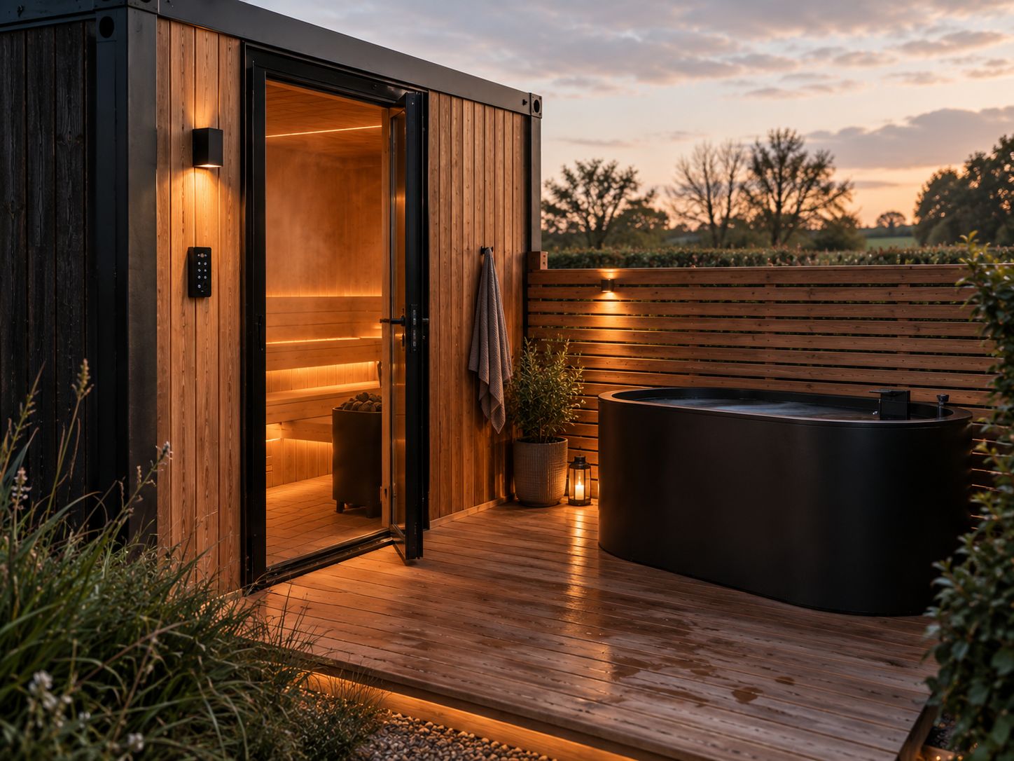 Concept render: the sauna door and a black cold-plunge tub on cedar decking at dusk