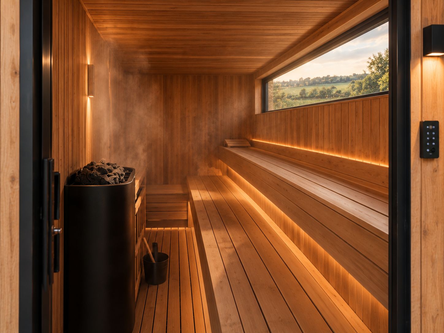 Concept render: inside a cedar sauna with a long window over fields