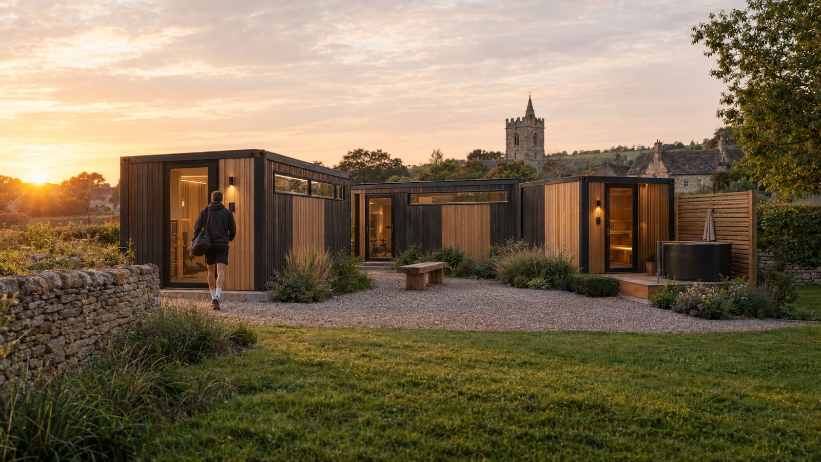 Concept render: a Smithy site of timber-clad pods around a gravel courtyard at sunset, with a village church behind