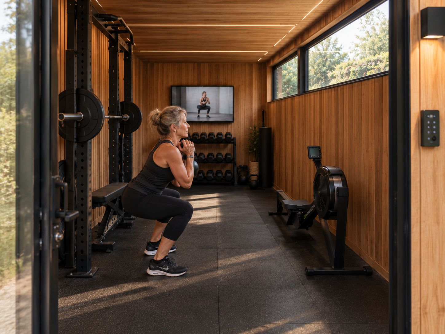 Concept render: a woman doing a goblet squat inside a gym pod, following a coach on the wall screen
